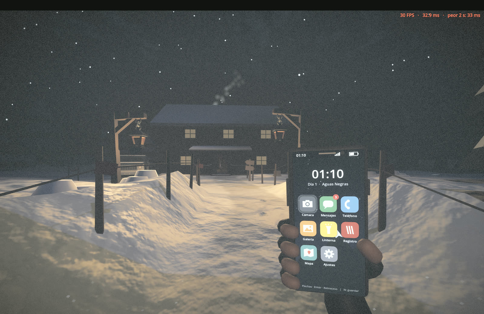 El jugador sostiene el teléfono en la nieve frente a la cabaña